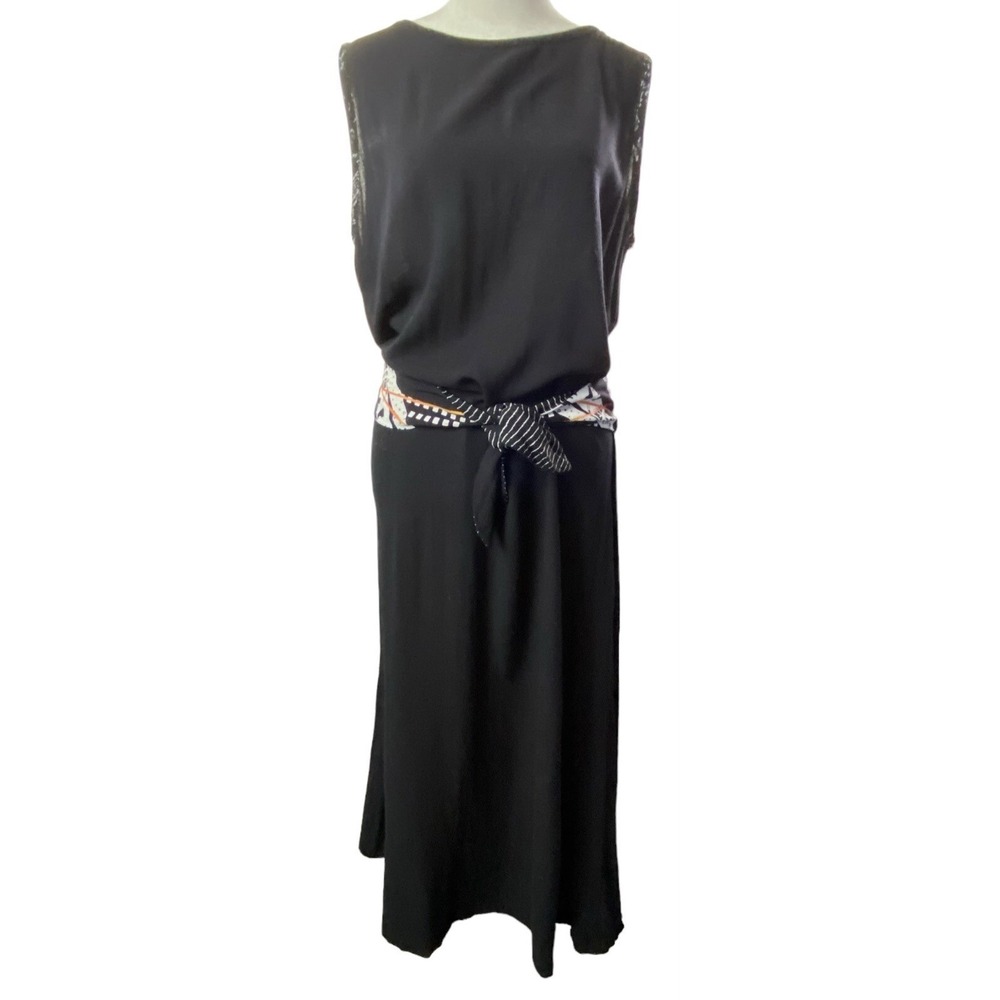 Vtg KD SPRING Women 80s Ties Front V Back Sleeveless Maxi Dress Sz L Black Retro